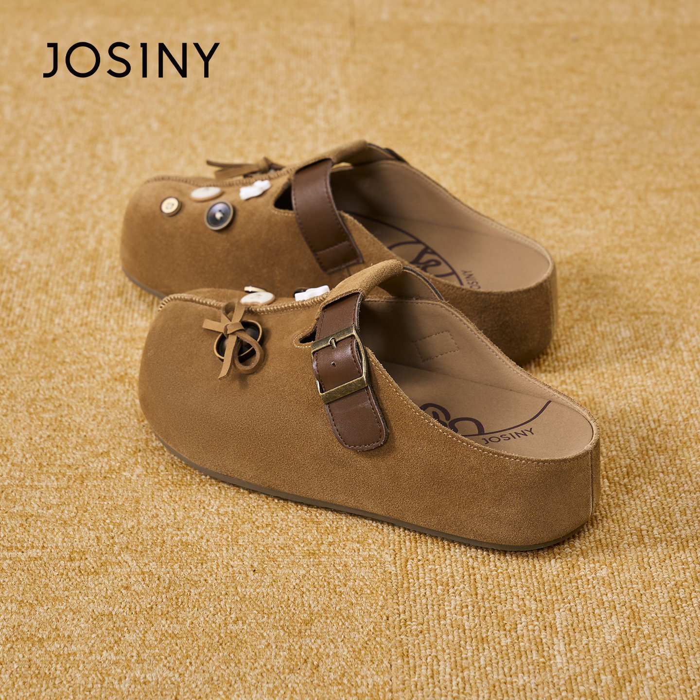 Josiny/卓诗尼26春季勃肯鞋女包头半拖懒人一脚蹬厚底可爱外穿