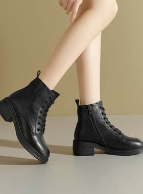 Josiny/卓诗尼马丁靴女冬季新款黑色系带短靴粗跟百搭厚底靴保暖