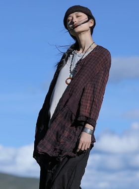 MMBL慢慢变蓝荼35031亚麻贴布拼接中长款上衣衬衫 胸围140衣长86