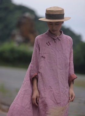 MMBL慢慢变蓝原创设计荼系列肌理亚麻连衣裙袍子33655