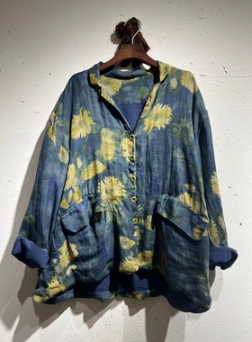 YLZL早秋新品 麻文艺印花双层长袖短外套 衣路走来38879