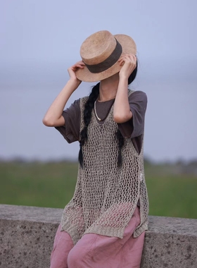 MMBL荼手工植物染新款亚麻镂空针织背心女宽松无袖上衣