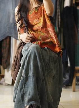 MMBL慢慢变蓝荼设计师款文艺做旧民族大花宽松吊带背心马甲