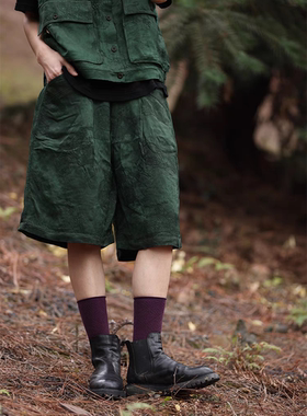 MMBL慢慢变蓝原创荼进口提花丝植物染色短裤复古休闲裤中裤五分裤