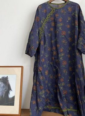 MMBL慢慢变蓝荼33997苎麻印花手工缝线盘扣中长袍连衣裙长