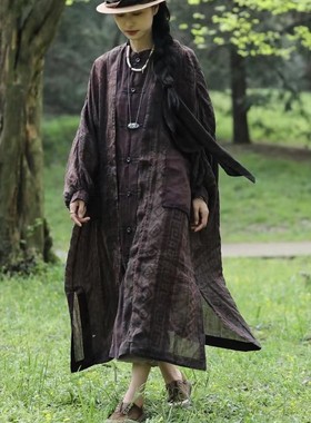 MMBL慢慢变蓝荼复古印花新中式盘扣宽松大码苎麻连衣裙袍子35026