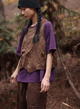 MMBL慢慢变蓝荼天然植物染泥染提花真丝马甲复古圆领斜襟35853