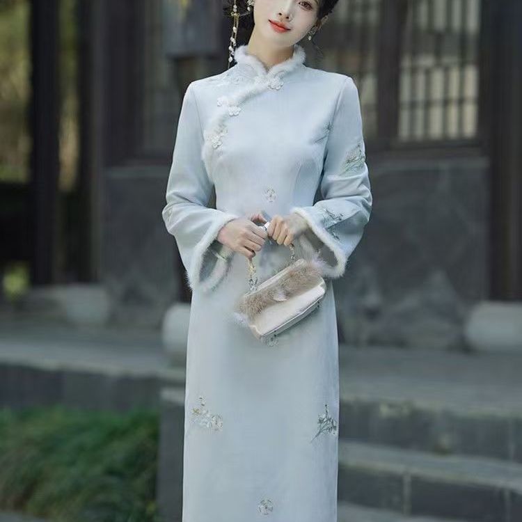 大码秋冬款加绒加厚超仙改良旗袍裙年轻款新中式国风遮肉连衣裙