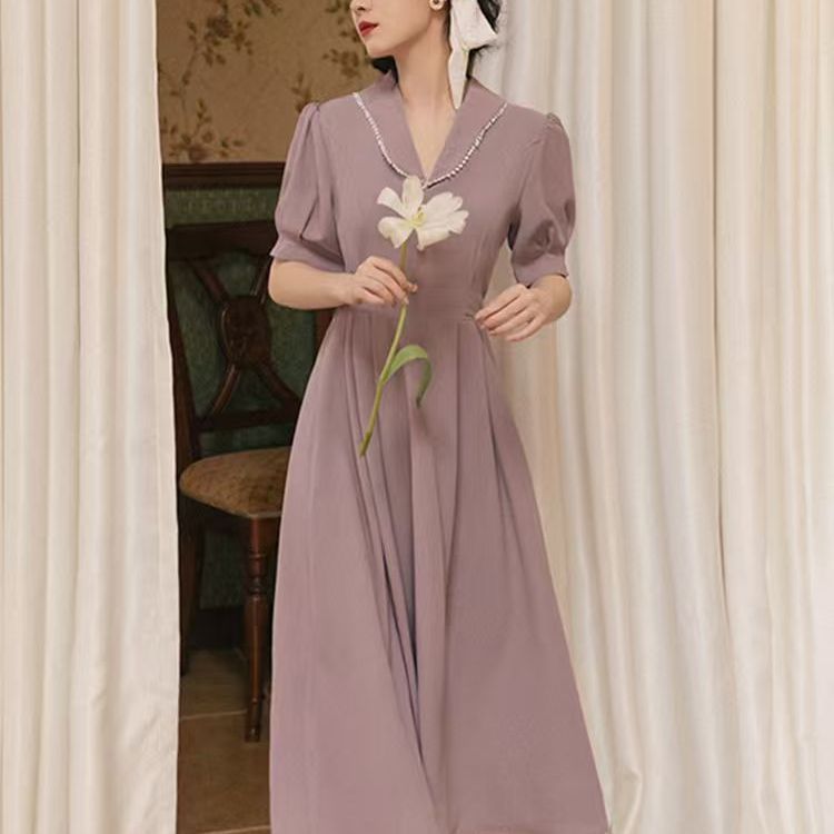 夏季甜美茶歇法式连衣裙女初恋温柔风桔梗裙子气质复古长裙