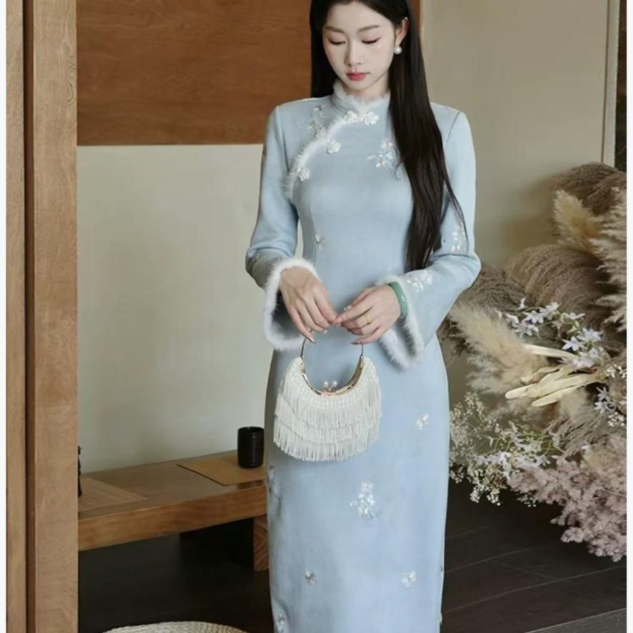 秋冬款大码中式国风气质碎花高档连衣裙加绒加厚复古改良绝美旗袍