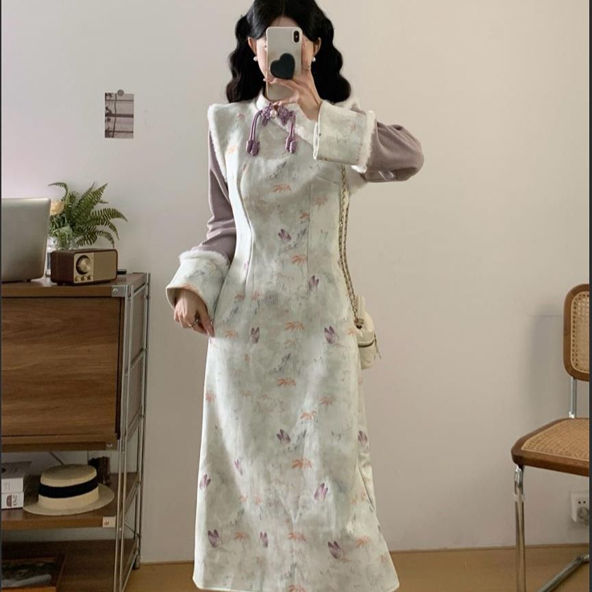 胖mm新中式国风改良冬季大码旗袍连衣裙加绒加厚毛绒斗篷披肩套装