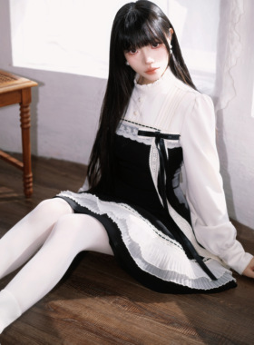 muggle studio 副线 法式黑白六片裁收腰大摆秋冬A字短连衣裙