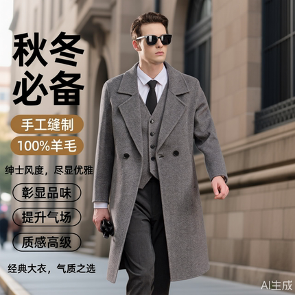 【100%羊毛】男士秋冬双面呢子大衣加厚长款西装领外套羊绒风衣