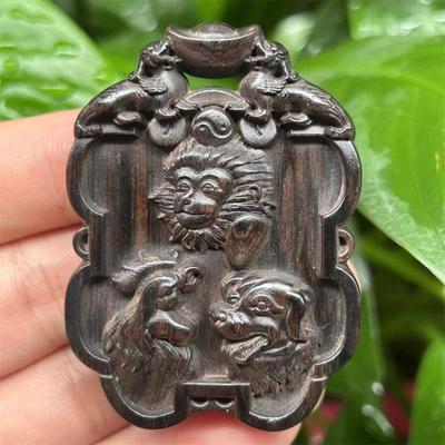 黑檀木雕三会金局挂件五行缺金补金吊坠申酉戌乾卦猴鸡狗男女项链