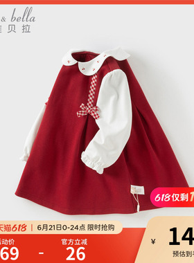 戴维贝拉女童连衣裙秋季儿童红色公主裙女宝宝周岁礼服裙子洋气