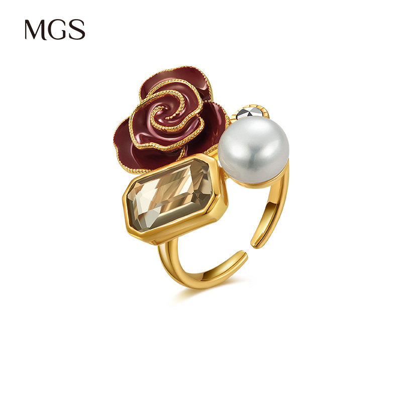 MGS/曼古银玫瑰故事2025新款戒指珍珠拼接冷珐琅镀18K金手