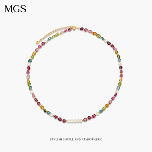 MGS 中国风女水晶颈链 曼古银多巴胺锁骨链糖果色碧玺项链串珠时尚