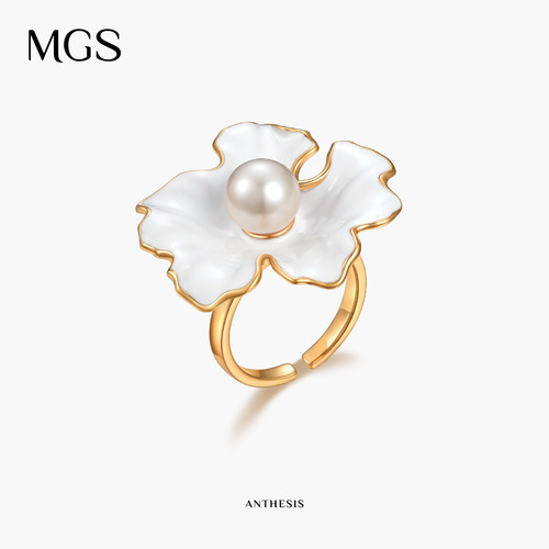 MGS花朵珍珠银镀金戒指