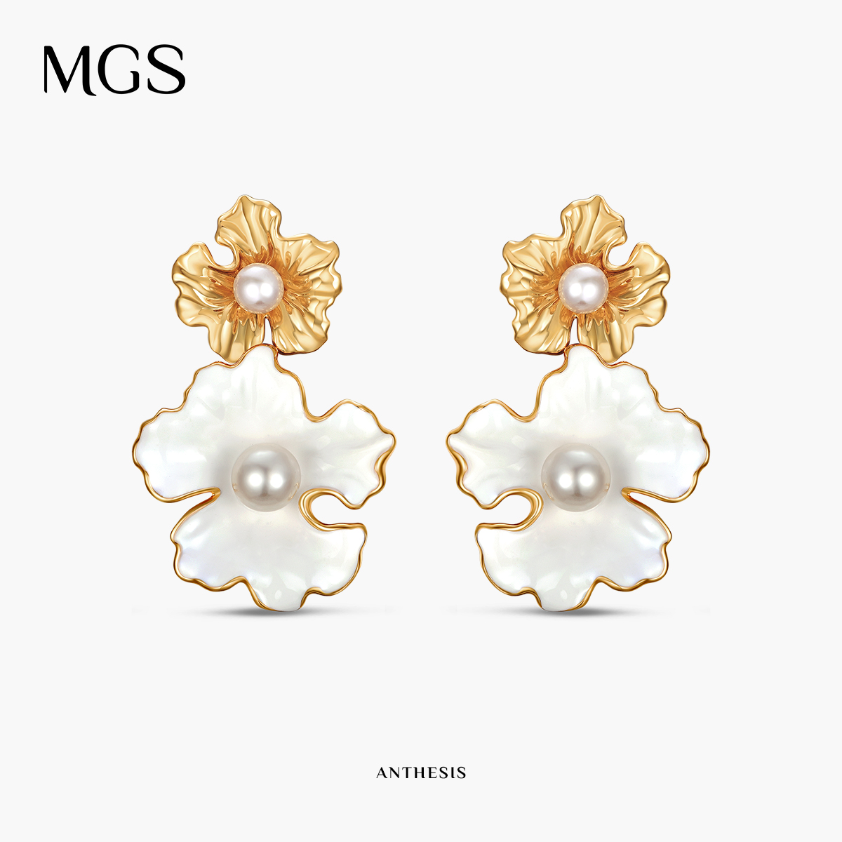 MGS珍珠珐琅花朵银镀金耳环