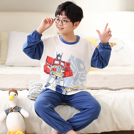 春秋薄款男童睡衣长袖纯棉儿童春夏款空调服中大童男孩家居服套装