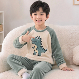 秋冬季男童法兰绒家居服套装加厚卡通恐龙小孩长袖睡衣保暖珊瑚绒