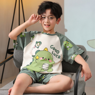 套装 短袖 宝宝男孩中大童恐龙卡通家居服 薄款 纯棉儿童睡衣男童夏季