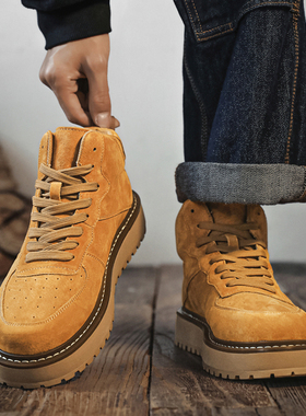 中帮鞋子男鞋马丁靴2026新款冬季真皮复古黄色休闲百搭时尚工装靴