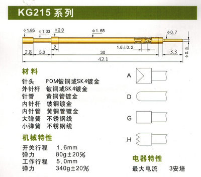 1.65MM 开关探针 测试针 常开 华荣华开关针 高质量 KG-215G