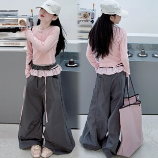 女童春季新款粉色t恤套装中大童荷叶边时尚延期拼色阔腿裤两件套6