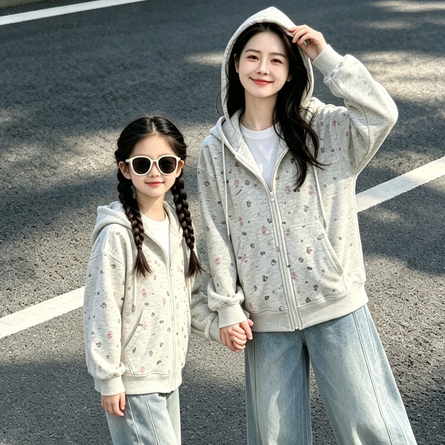 女童满印小熊猫爪连帽卫衣开衫春秋宽松韩系母女卡通拉链时尚外套
