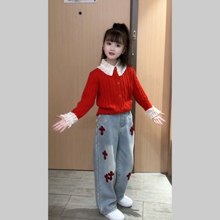 女童针织衫 钉珠重工甜美小香风洋气上衣 外套拼接毛衣春装 儿童开衫