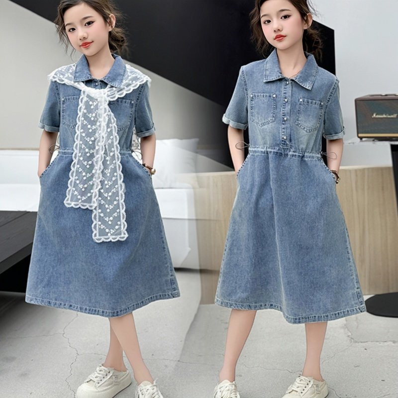 女童蕾丝披肩牛仔连衣裙夏季2025新款显瘦洋气水洗棉牛仔中长款裙