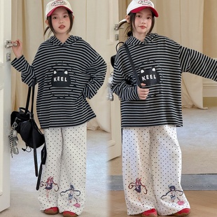 女童条纹卫衣连帽套装中大童春秋款花边黑白圆点休闲阔腿裤两件套