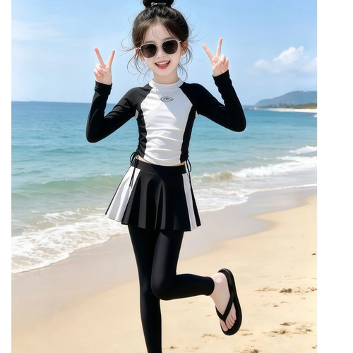 女童分体长袖防晒速干裙式泳衣