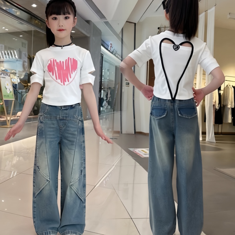 女童夏季爱心短袖牛仔裤套装两件