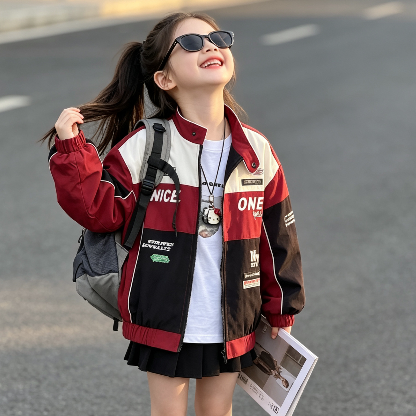 &nbsp;女童赛车服外套2026秋季新款中大童红黑拼色机车夹克立领冲锋衣
