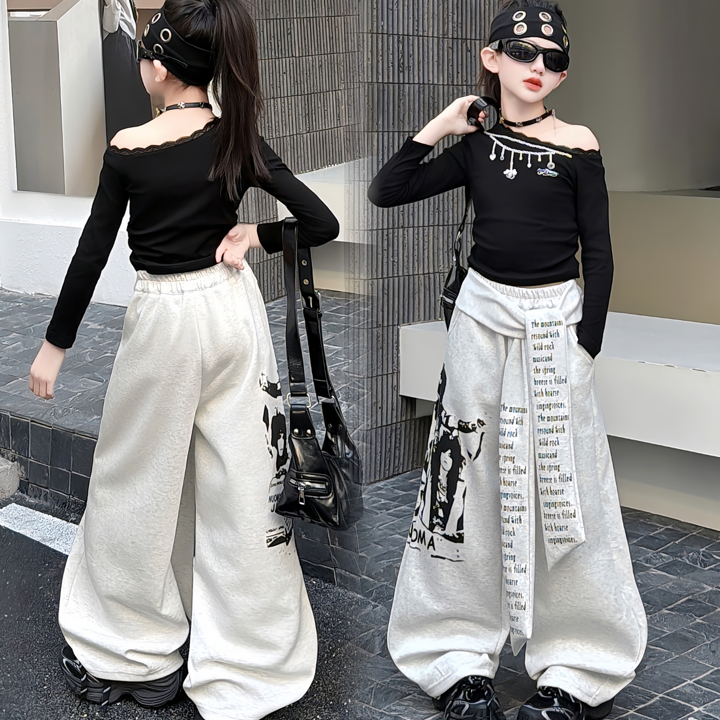 美式嘻哈风字母印花阔腿裤女童爵士舞服装走秀T台街头运动休闲裤6
