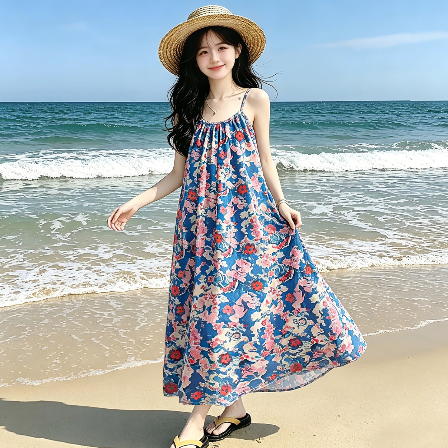 夏季法式油画碎花女童吊带长裙潮图片