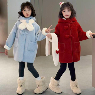 女童毛呢大衣女2025新款加厚中长款时尚高端韩版洋气冬季围巾外套