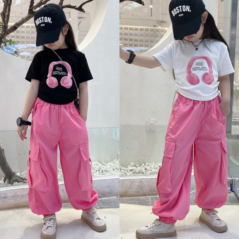 女童辣妹套装夏天多巴胺韩版纯棉耳机字母印花工装裤长裤痞帅夏装