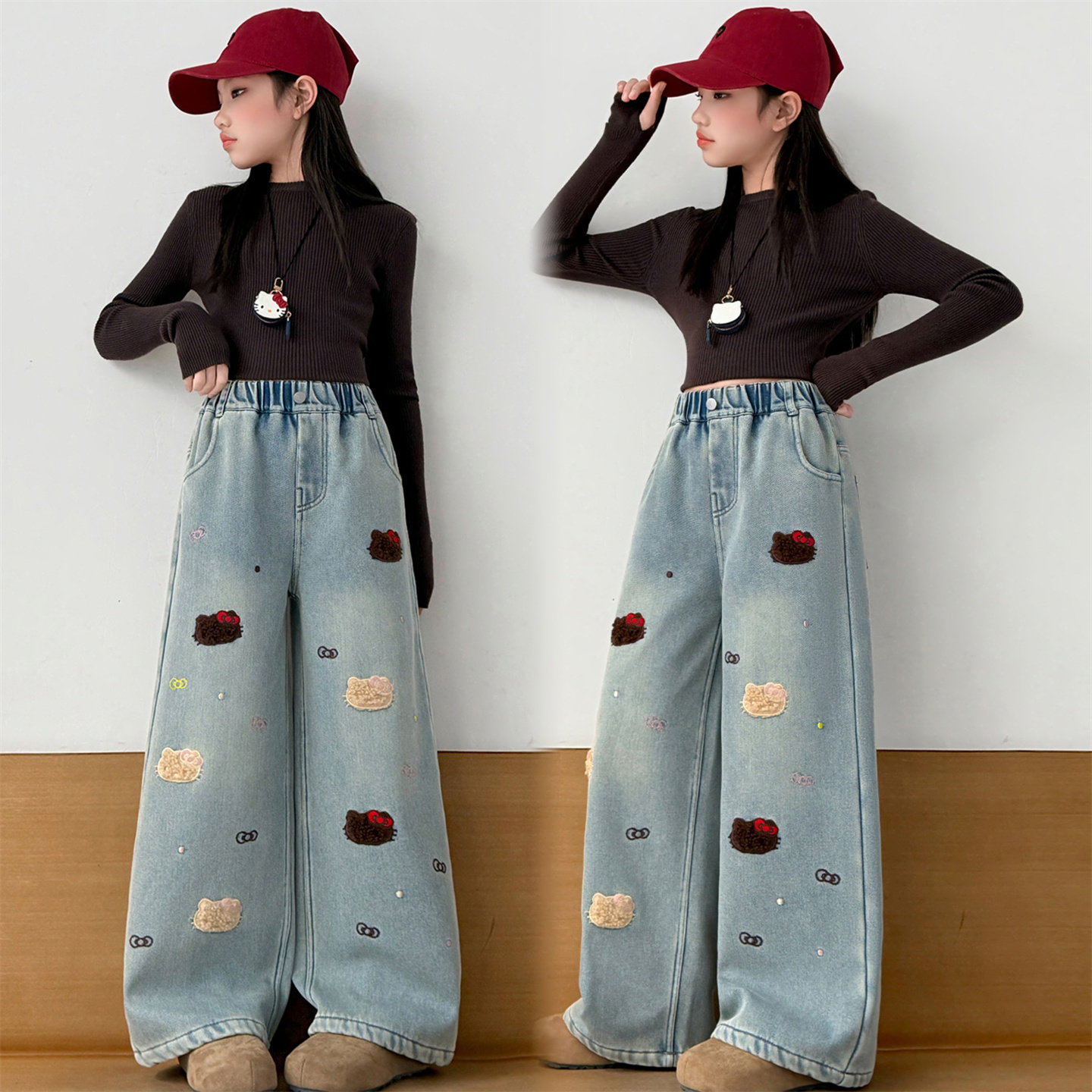 女童刺绣牛仔裤加绒时髦洋气加厚冬装中大童卡通可爱冬装阔腿裤潮,童装/婴儿装/亲子装,儿童牛仔裤,淘宝优惠券,粉丝福利购,淘宝优惠卷