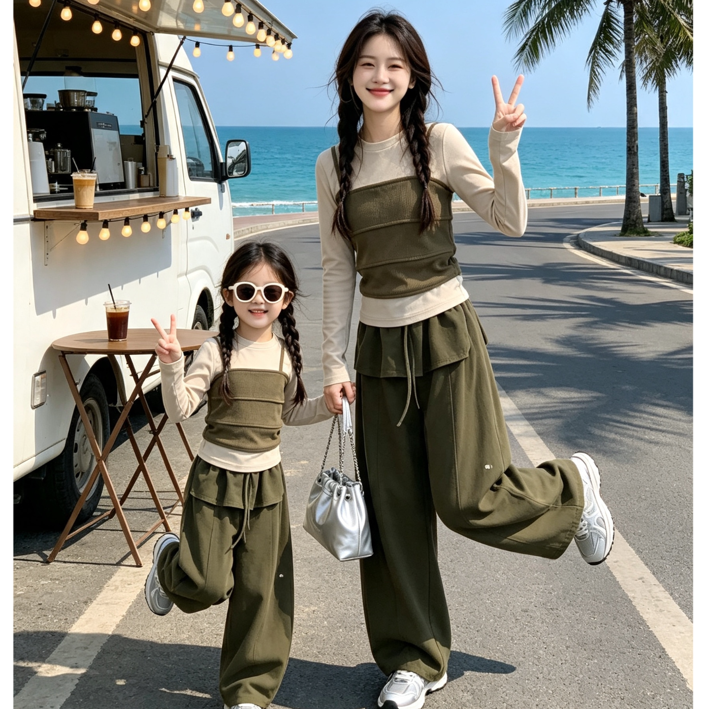 春秋母女装洋气吊带阔腿时尚套装图片