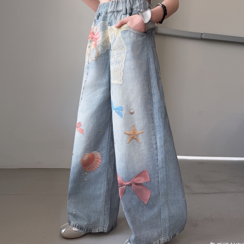 女童夏季阔腿牛仔拖地裤海星印花