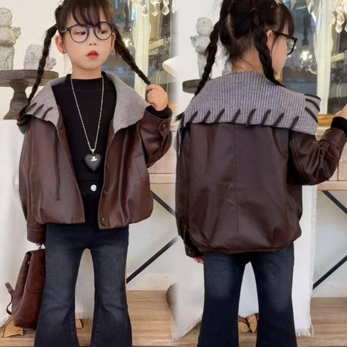 女童毛线领连帽时尚洋气皮衣外套