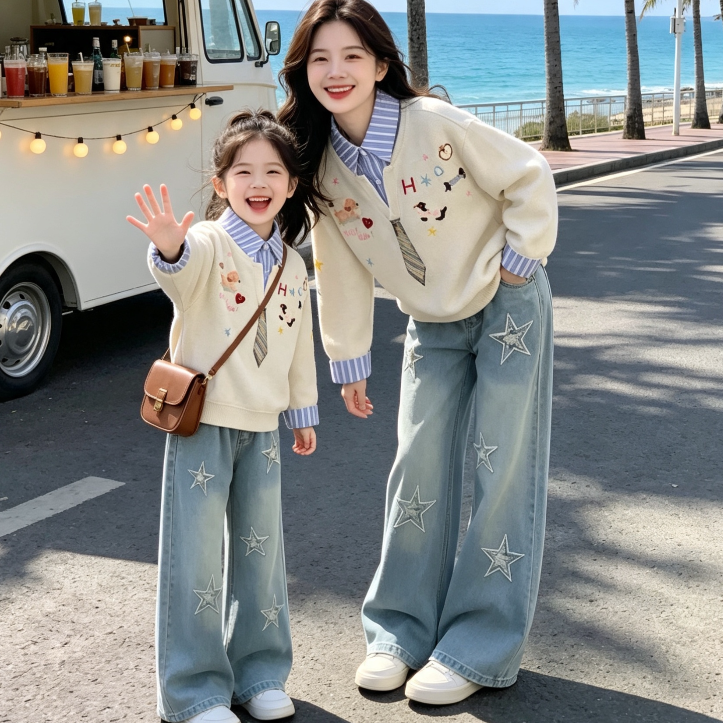 网红母女装秋季套装女童星星牛仔裤假两件卫衣衬衣领时尚洋气套装