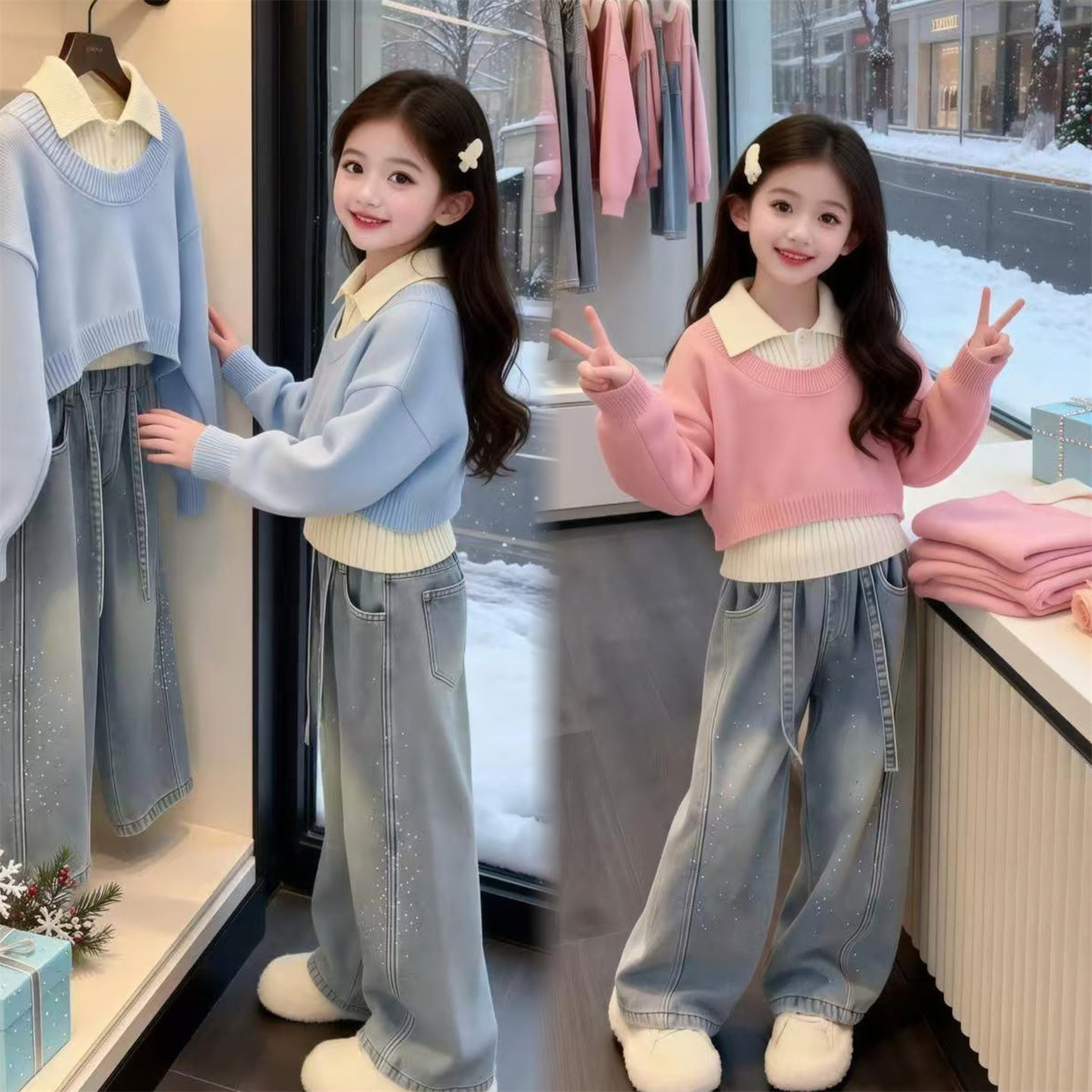 女童甜美可爱针织衫套装女孩韩系糖果色春季新款毛衣Polo背心两件