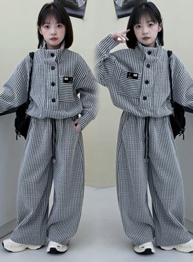 韩系女童高级感千鸟格套装春秋2026新款慵懒立领上衣中大童阔腿裤