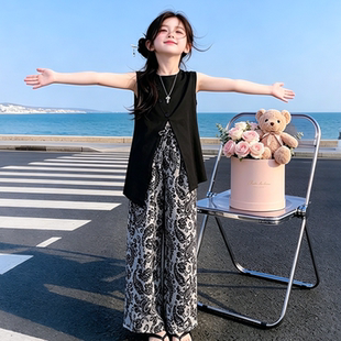 女童夏季无袖开叉马甲套装中大童度假风复古碎花阔腿裤韩系两件套