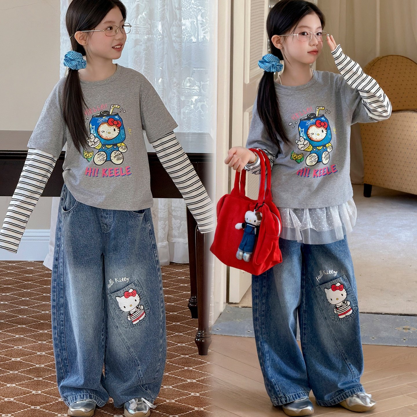 女童牛仔裤套装2026春季中大童假两件t恤卡通印花弯刀裤潮流两件6,童装/婴儿装/亲子装,套装,淘宝优惠券,粉丝福利购,淘宝优惠卷