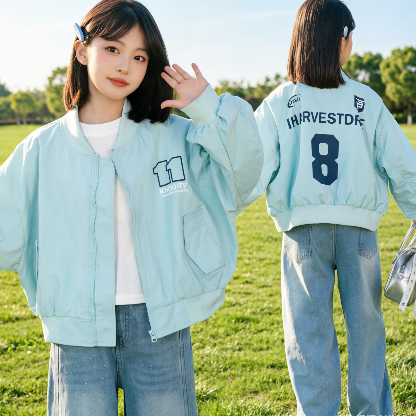 女童韩系棒球服薄荷绿刺绣春秋潮图片